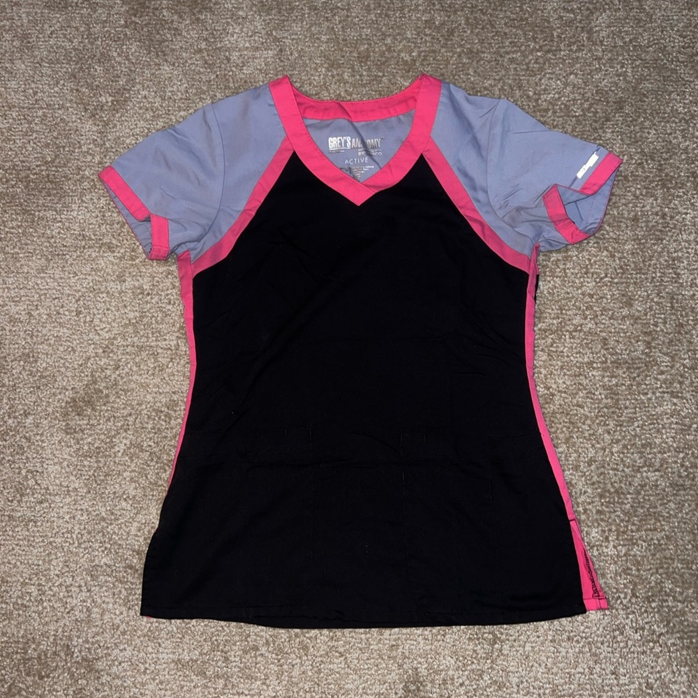 Grey’s Anatomy Black, Gray, and Pink Color Block Women’s Scrub Top XS